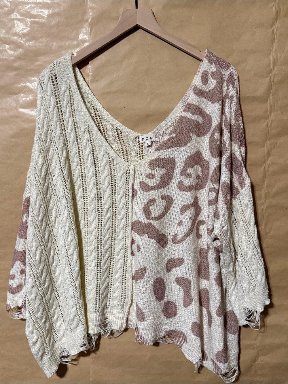 POL Mixed Knit Leopard Cable Sweater Oversized Distressed L